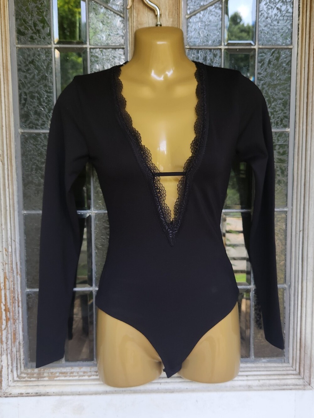 MAJORELLE Black Long-Sleeve Lace-Trim Plunge Bodysuit